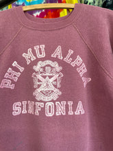 Load image into Gallery viewer, 1960s Phi Mu Alpha Sinfonia flock print short sleeve sweatshirt size M