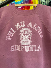 Load image into Gallery viewer, 1960s Phi Mu Alpha Sinfonia flock print short sleeve sweatshirt size M
