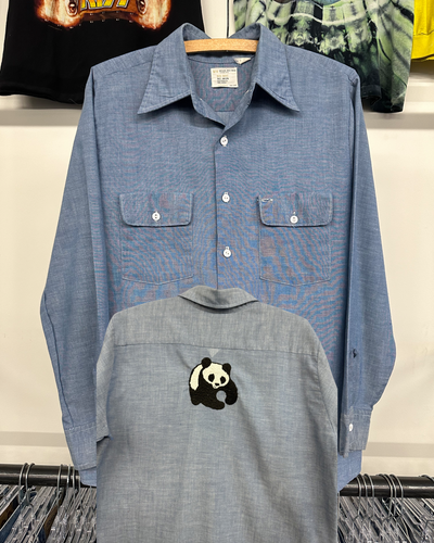 1970s JC Penny’s Big Mac Selvedge Chambray embroidered Panda button up shirt size M